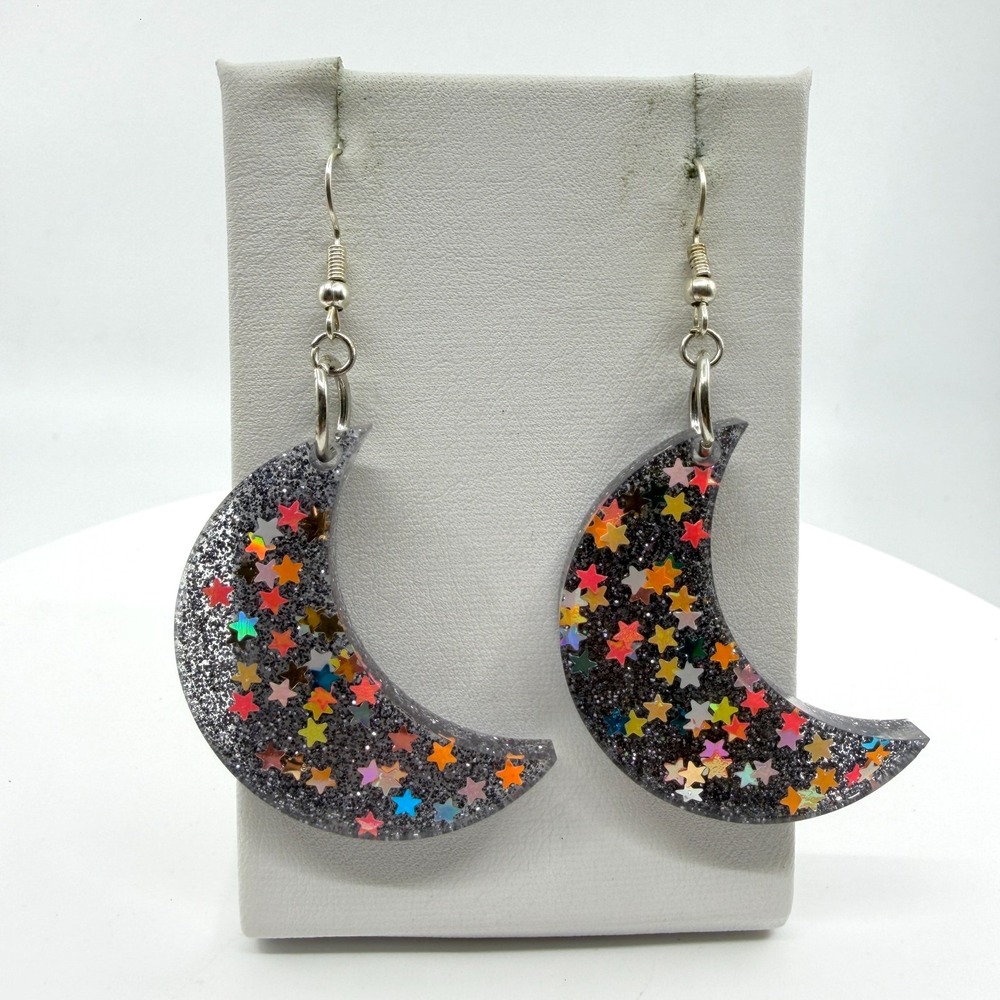 Black Glitter Crescent Moon Dangle Earrings Multicolor Stars Celestial Gothic